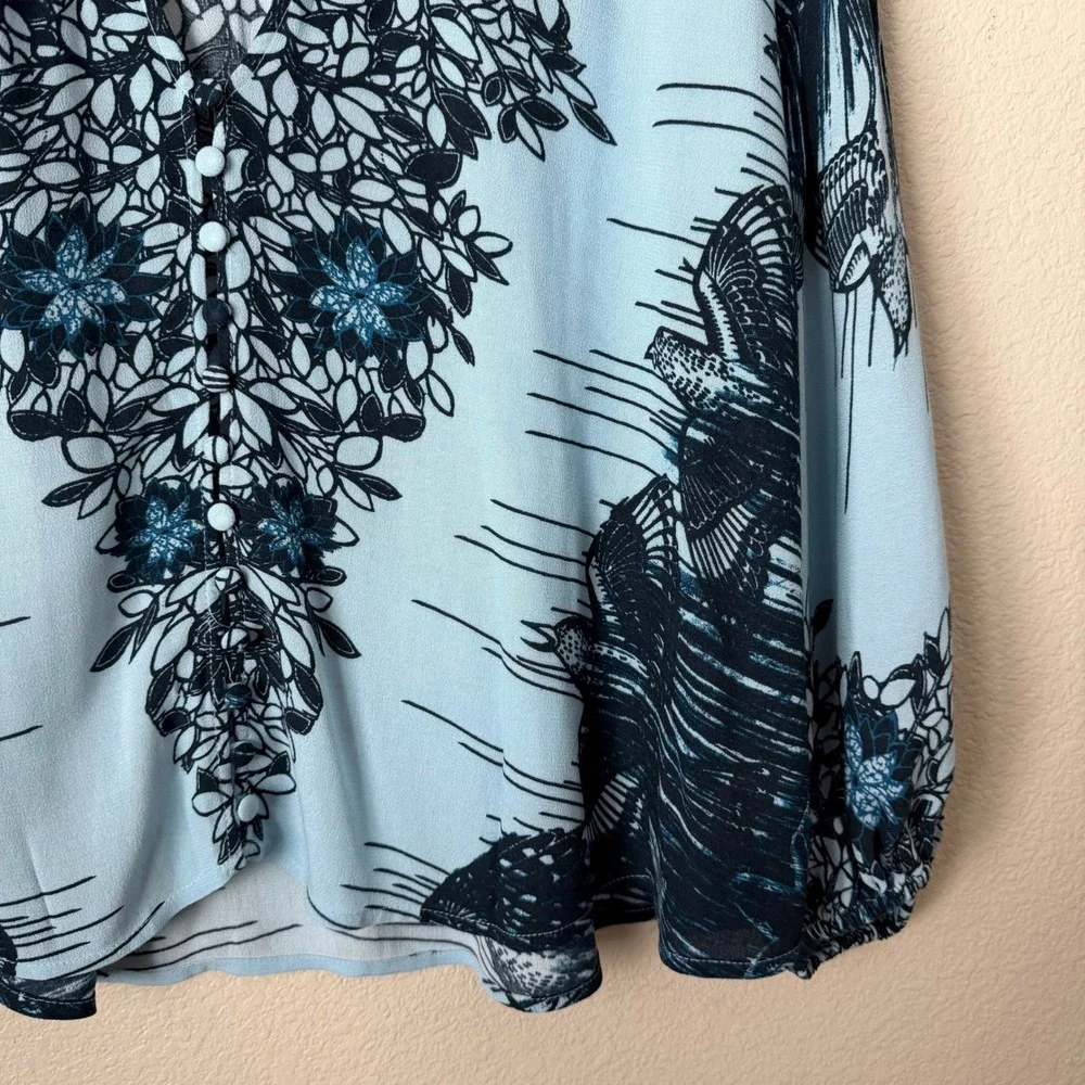 Free People Top XS Blue Birds of a Feather Floral Balloon Sleeve Boho Oversized